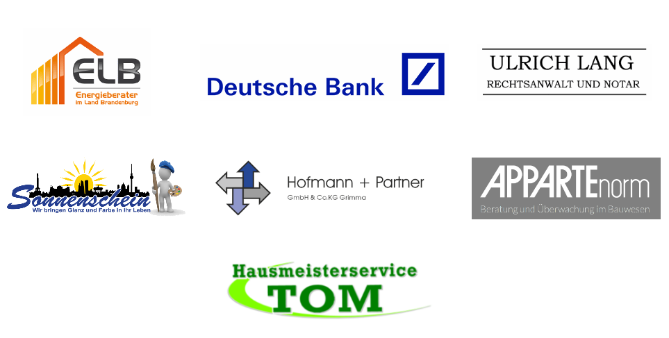 Logo unserer Partner: ELB-Energieberaterung, der Deutschen Bank, Rechtsanwalt und Notar Ulrich Lang, Firma Sonnenschein, Firma Hofmann und Partner, Firma APPARTEnorm.